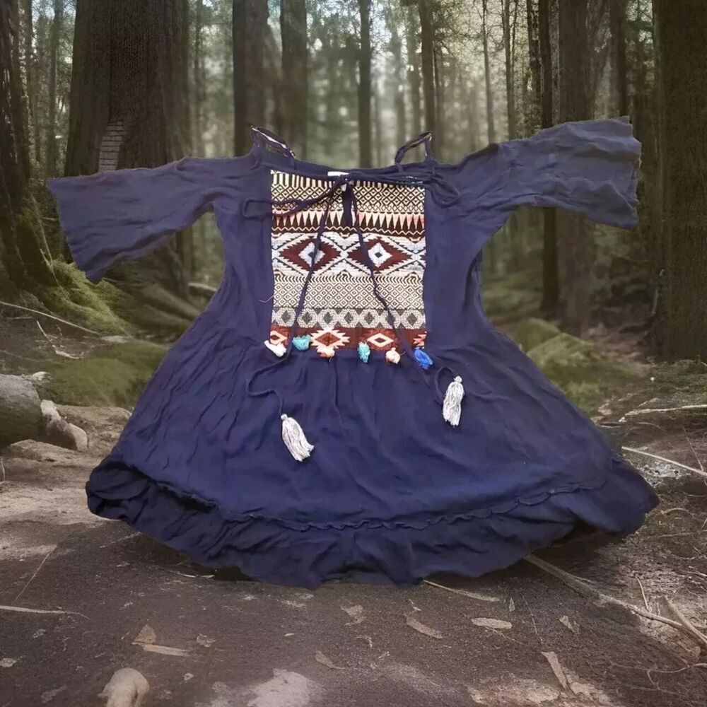 Velzera Boho Dress Womens Small Blue Embroidered Tribal & PomPom Tassle Y2k